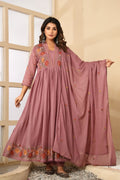 Dusty Rose Mul Cotton Embroidered Anarkali Kurta Set with Inner & Dupatta
