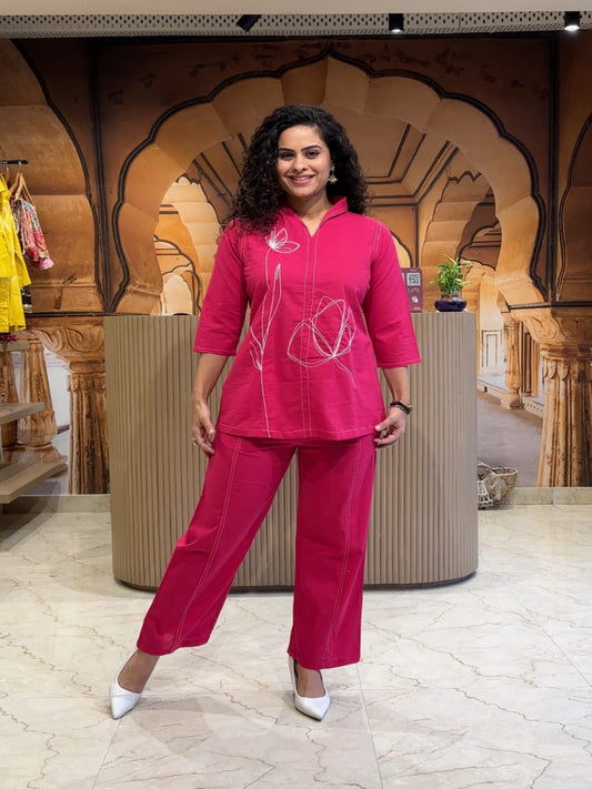 Magenta Pink Cotton Embroidered Co-Ord Set