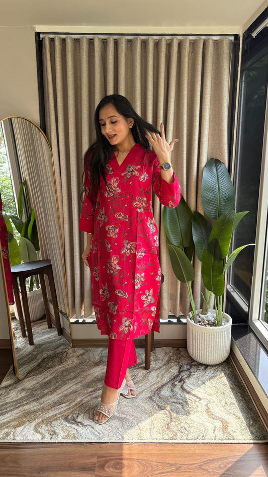 Crimson Vertical Silk Print Kurta Set with Straight Pants