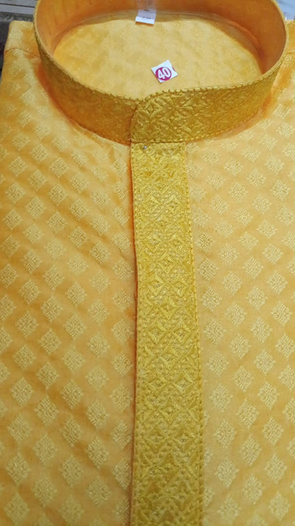 Men’s Light Teal Green Jacquard Cotton Kurta with Embroidered Placket