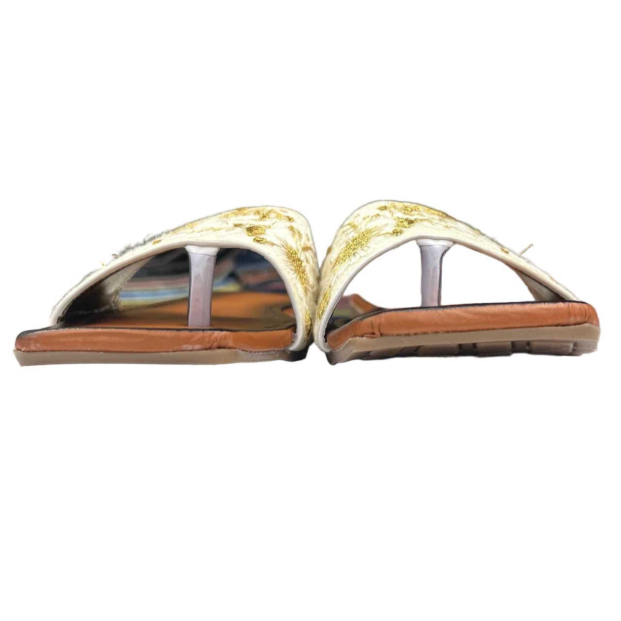 Embroidered Ivory Ethnic Slip-On Flats with Golden Detailing