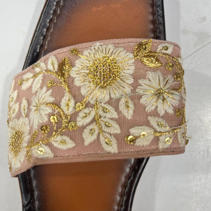Embroidered Blush Pink Ethnic Slip-On Flats with Golden Detailing