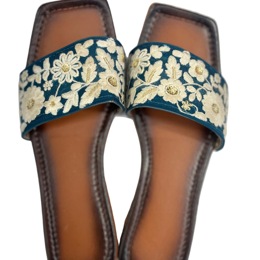 Teal Blue Floral Embroidered Ethnic Flats – Women’s Traditional Slip-On Sandals