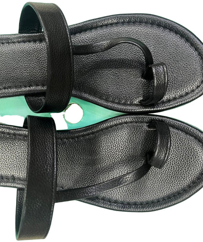 Black Leatherette Flat Sandals with Toe Loop & Broad Strap