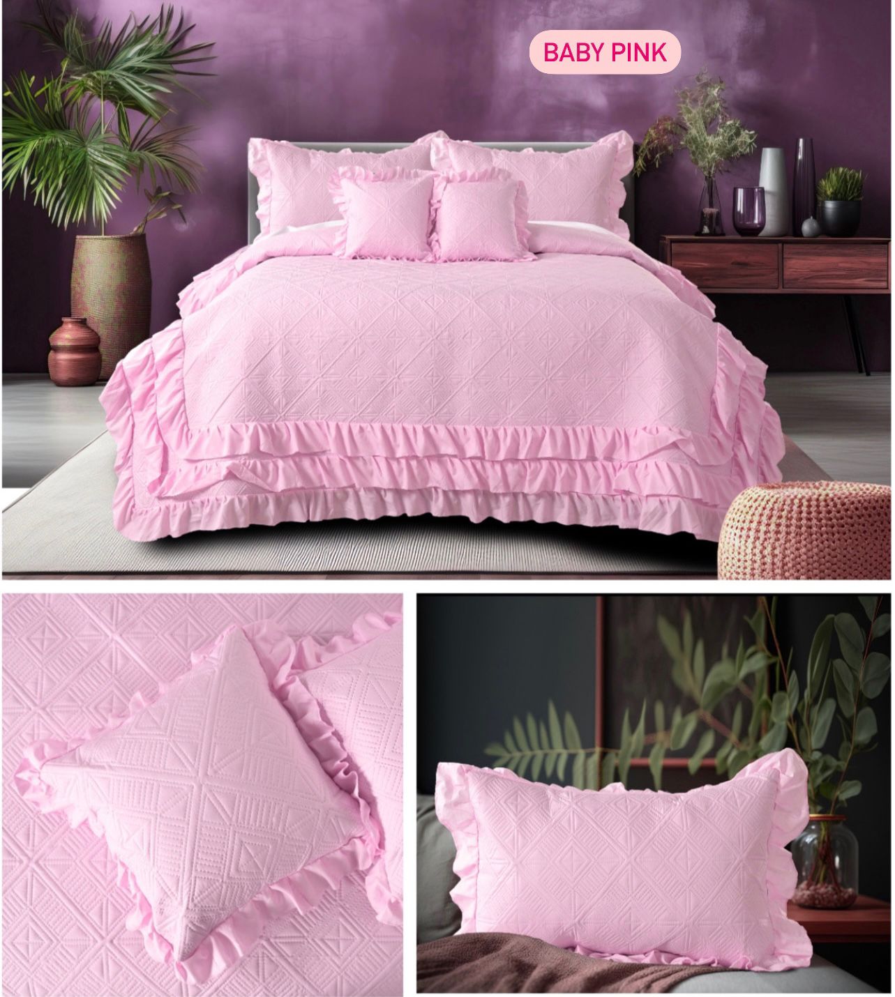 Premium Glace Cotton Embossed Bedcover with Frill Edges – Elegant Ruffled Bedding Set