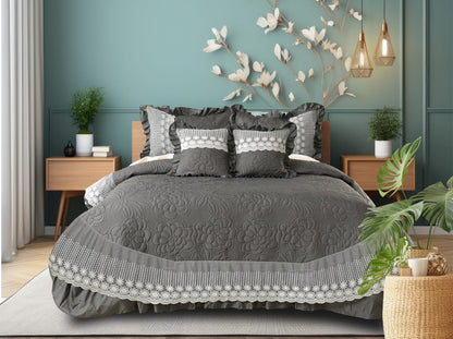 5-Piece Luxury Glace Cotton Bedcover Set with Frill & Lace – Includes Bedcover, Pillow Covers & Cushions (Maroon)