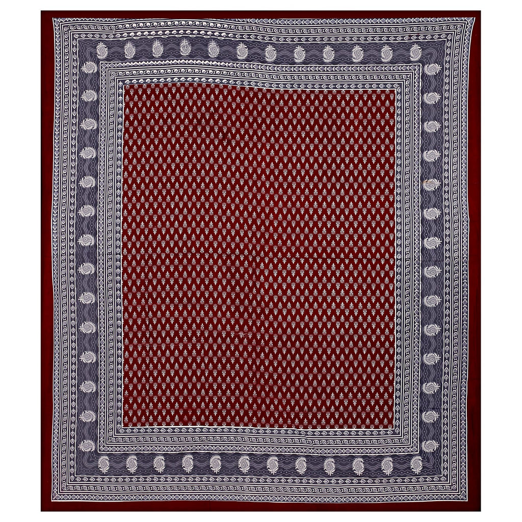 Premium Cotton Double Bed Sheet with 2 Pillow Covers – 210 TC, Maroon & Grey Traditional Print