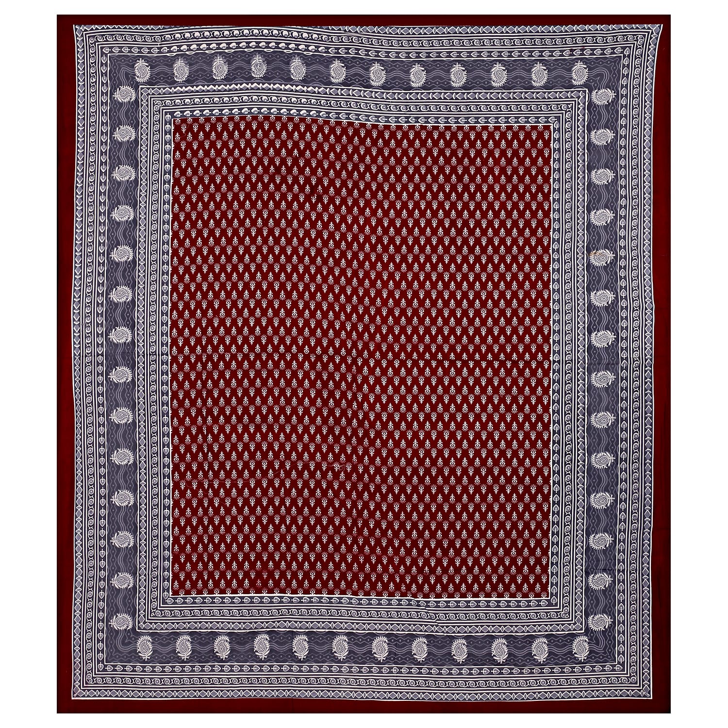 Premium Cotton Double Bed Sheet with 2 Pillow Covers – 210 TC, Maroon & Grey Traditional Print