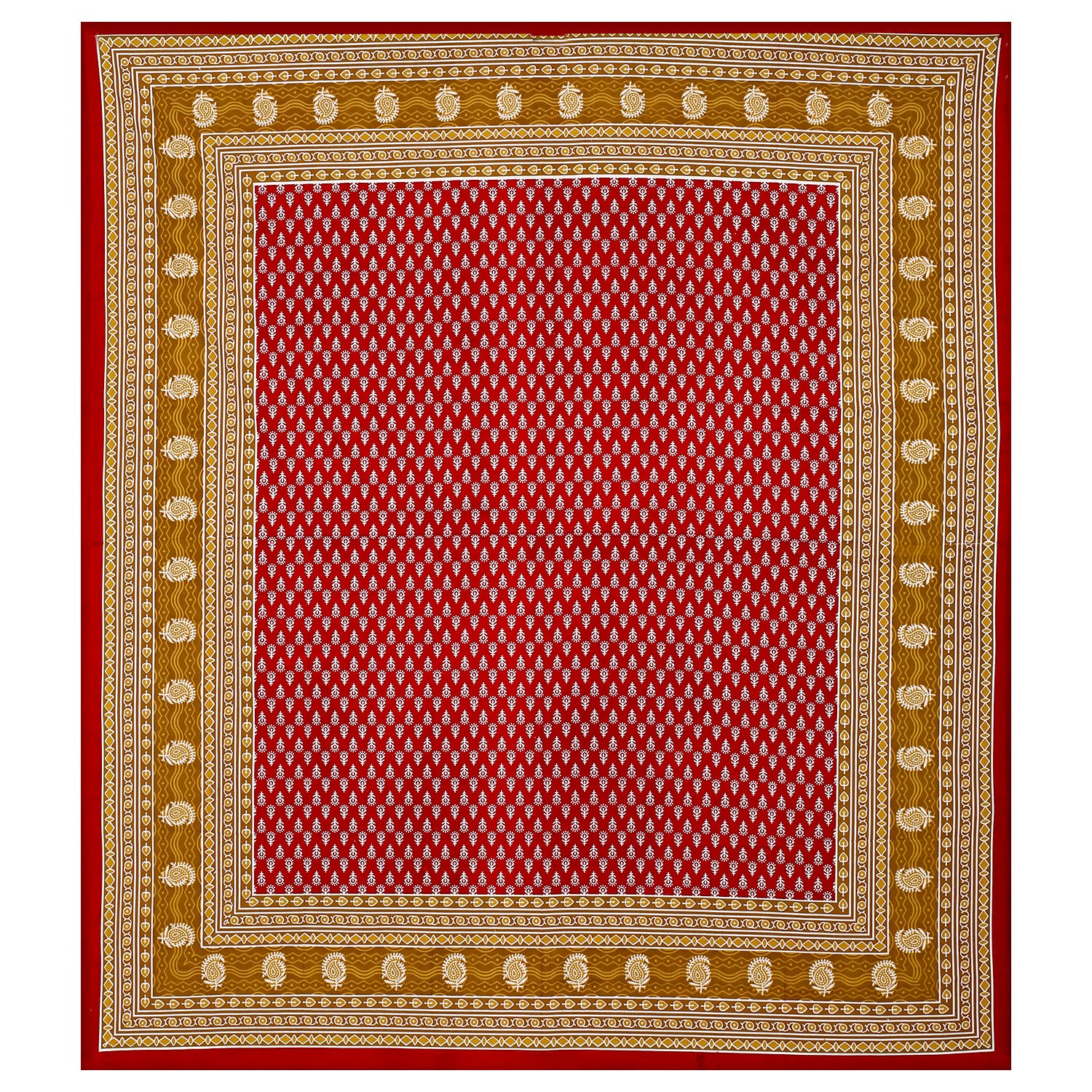 Jaipuri Cotton Double Bedsheet with 2 Pillow Covers – Red & Beige Floral Print, TC 210