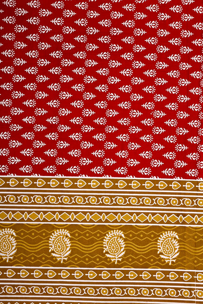 Jaipuri Cotton Double Bedsheet with 2 Pillow Covers – Red & Beige Floral Print, TC 210