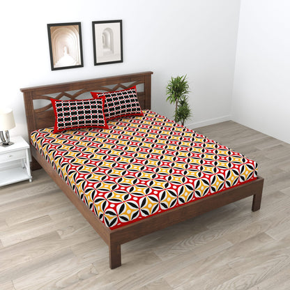 Premium 210 TC Double Bedsheet with Pillow Covers – Red, Black & Yellow Geometric Print