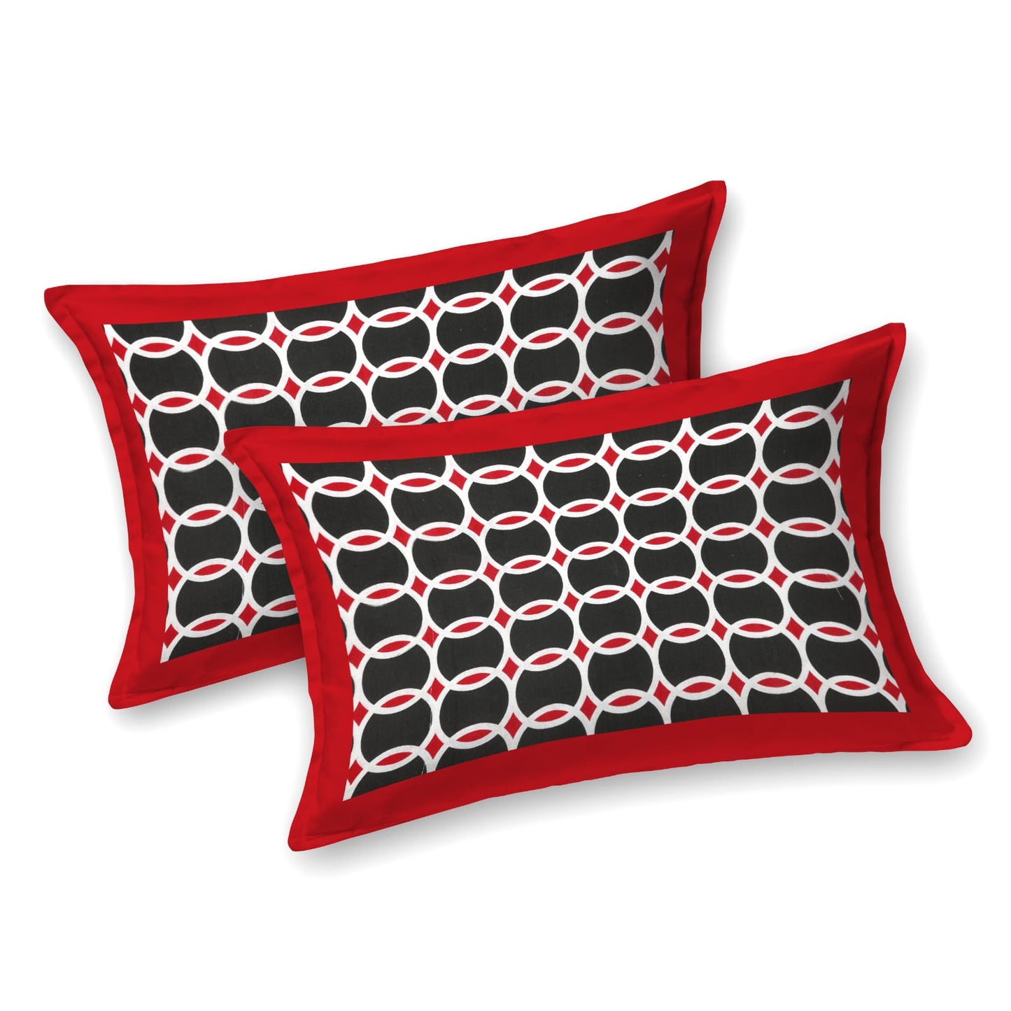 Premium 210 TC Double Bedsheet with Pillow Covers – Red, Black & Yellow Geometric Print