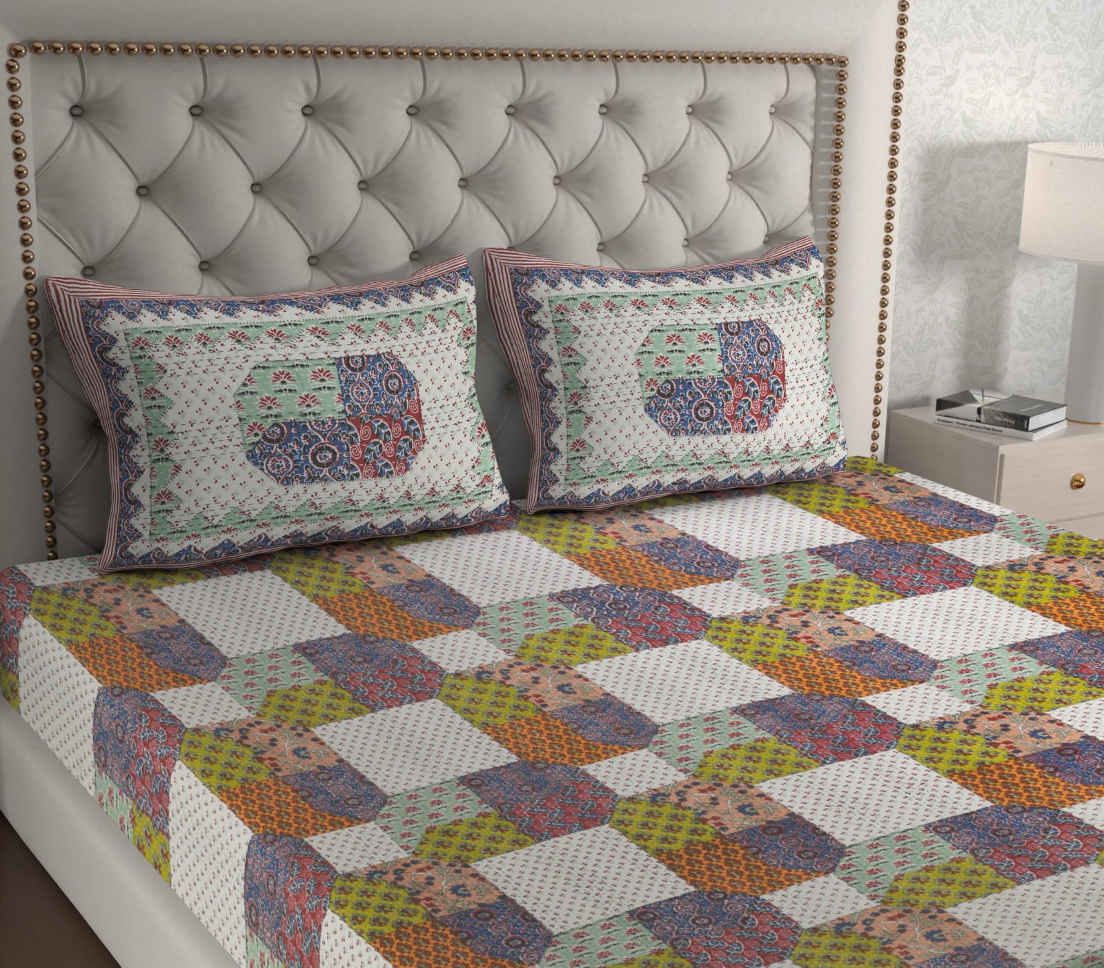 Premium 210 TC Cotton Double Bed Sheet with 2 Pillow Covers – Multicolor Geometric & Floral Print