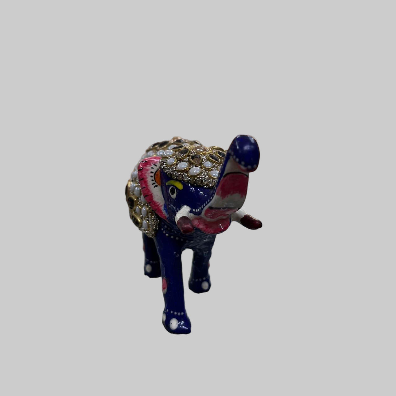Handcrafted Blue Enamel Elephant Showpiece with Kundan & Pearl Work