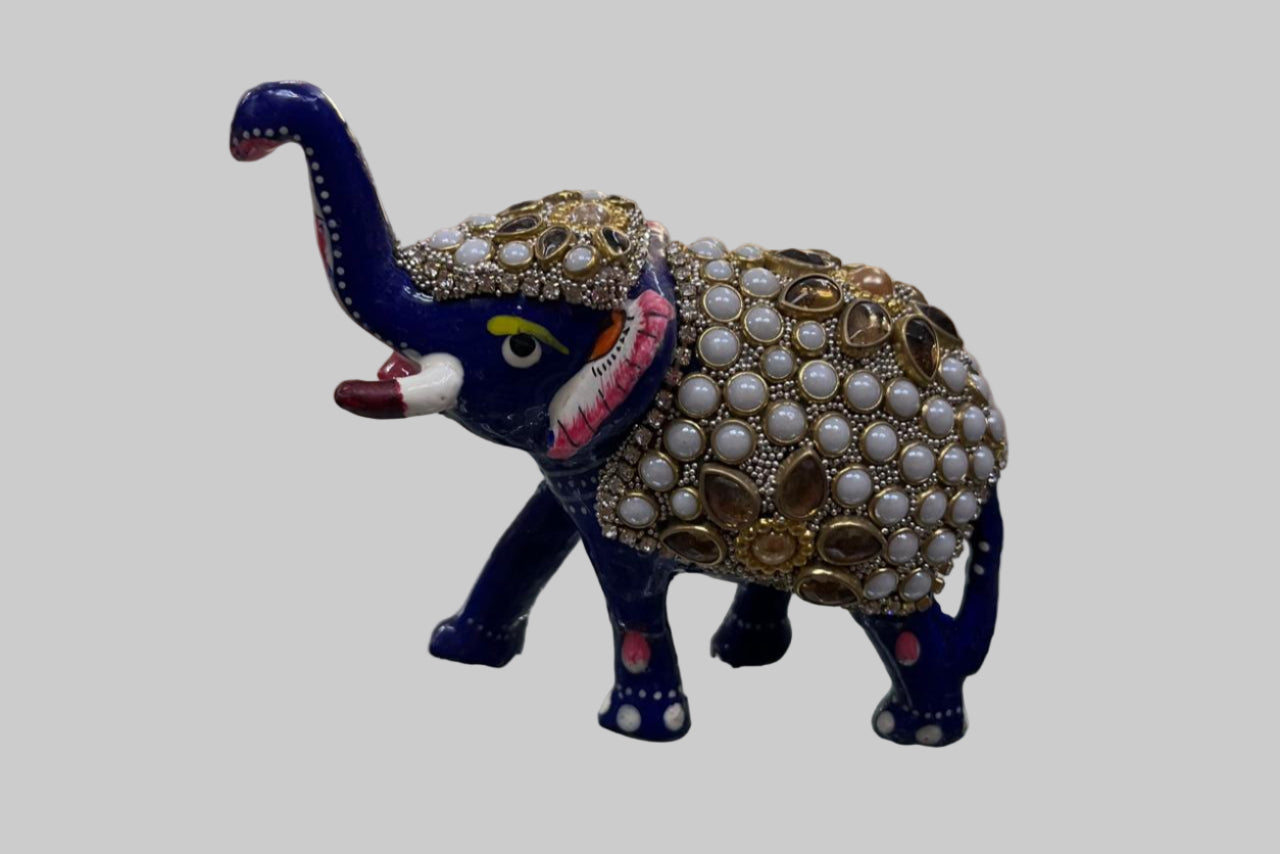 Handcrafted Blue Enamel Elephant Showpiece with Kundan & Pearl Work