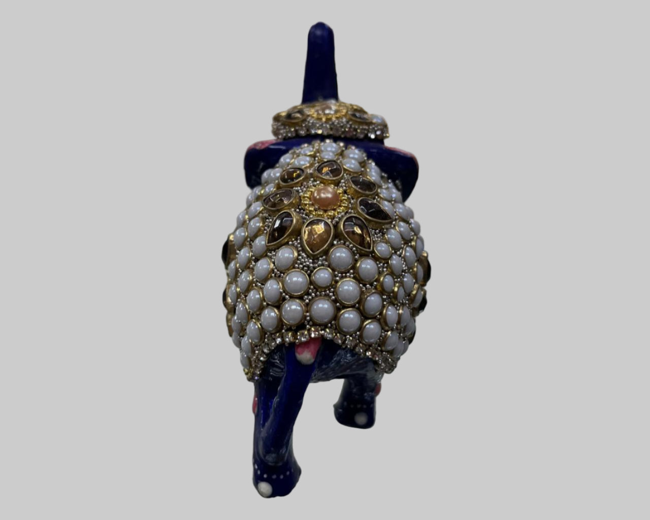 Handcrafted Blue Enamel Elephant Showpiece with Kundan & Pearl Work