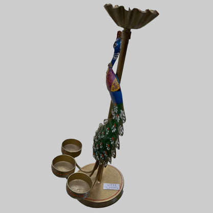 Handcrafted Brass Peacock Diya Stand – Multi-Colored Decorative Oil Lamp Holder