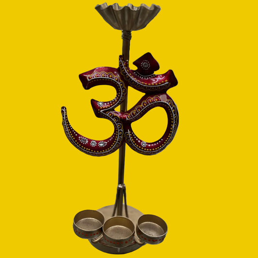 Decorative Brass Om Diya Stand with 3 Diyas & Agarbatti Holder