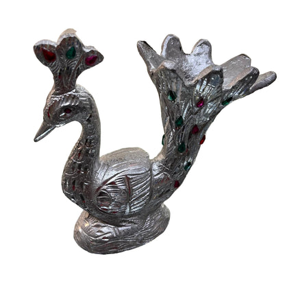 Unbreakable Silver Peacock Decorative Showpiece with Gemstone Accents