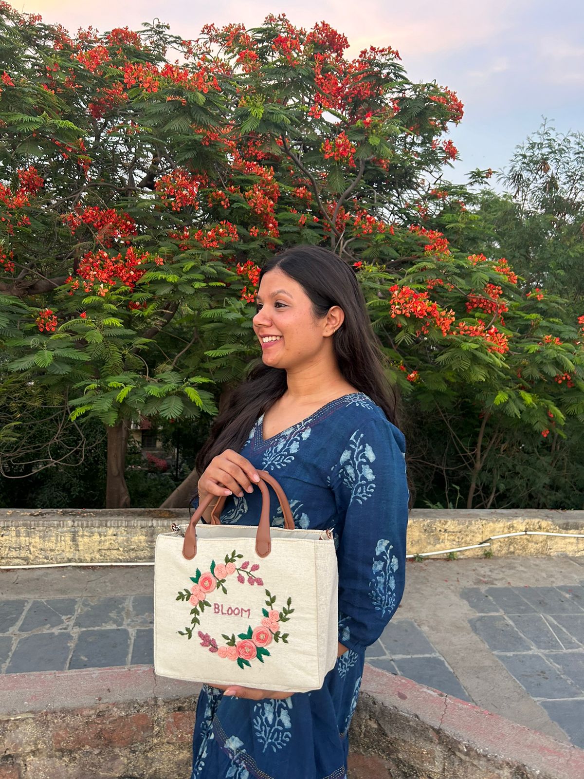 Bloom Embroidered Canvas Tote Bag with Dual Handles & Sling Strap