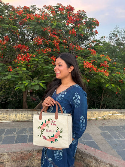 Bloom Embroidered Canvas Tote Bag with Dual Handles & Sling Strap