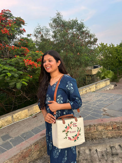 Bloom Embroidered Canvas Tote Bag with Dual Handles & Sling Strap