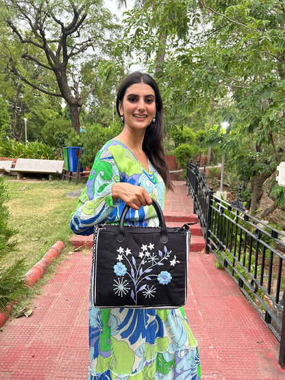 Handcrafted Black Tote Bag with Floral Embroidery – Elegant Everyday Carry