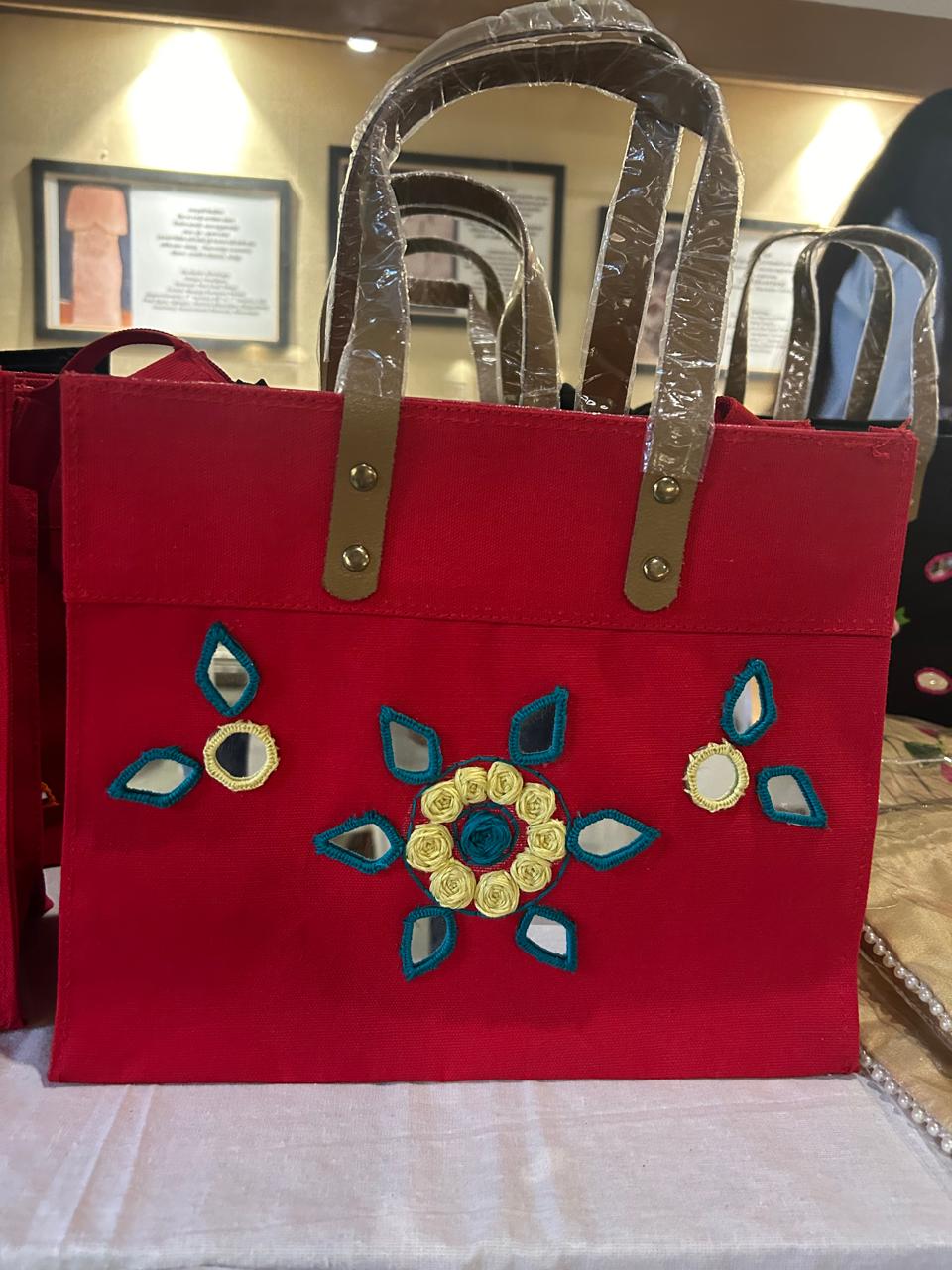 Red Laminated Canvas Tote Bag with Yellow Floral & Mirror Embroidery – Handmade Handbag