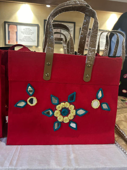 Red Laminated Canvas Tote Bag with Yellow Floral & Mirror Embroidery – Handmade Handbag