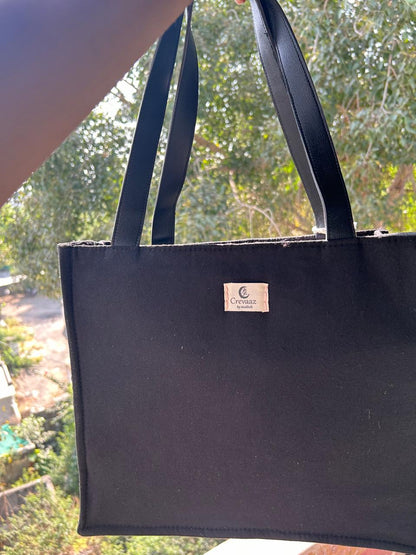 Black Cotton Canvas Tote Bag with Hand Embroidered Crescent Moon Floral Design & PU Leather Straps – 13.5 x 12 x 6 inch