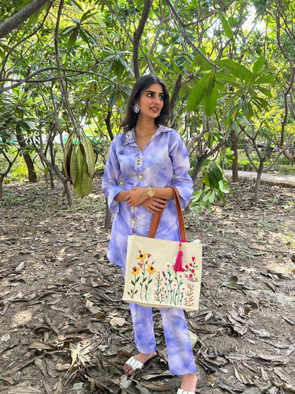 Handmade Floral Embroidered Canvas Tote Bag with PU Leather Handles – Beige
