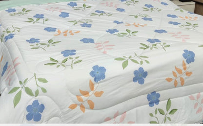 Reversible Glace Cotton Comforter with Microfiber Filling – White with Blue & Peach Floral Print, Mint Green Reverse