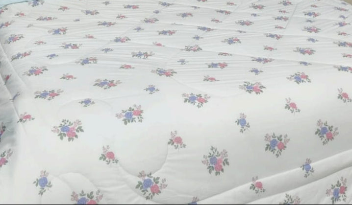 Reversible Glace Cotton Comforter with Microfiber Filling – White with Pink & Blue Floral Print, Sky Blue Reverse