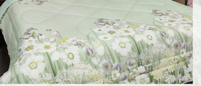 Premium Glace Cotton Floral Comforter with Microfiber Filling & Lace Border – King Size (Mint Green)