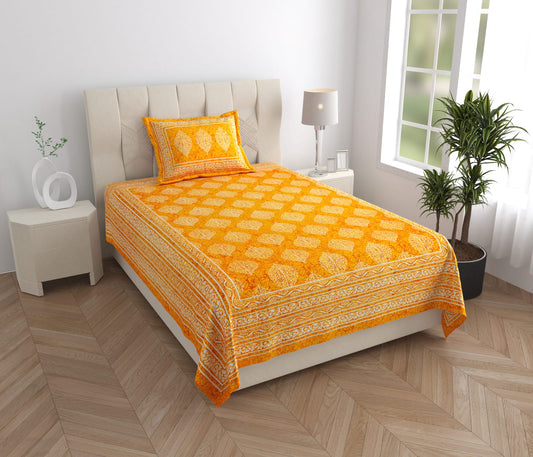 Single Cot Cotton Bedsheet – 150 TC, Traditional Print, Orange with Pillow Cover
