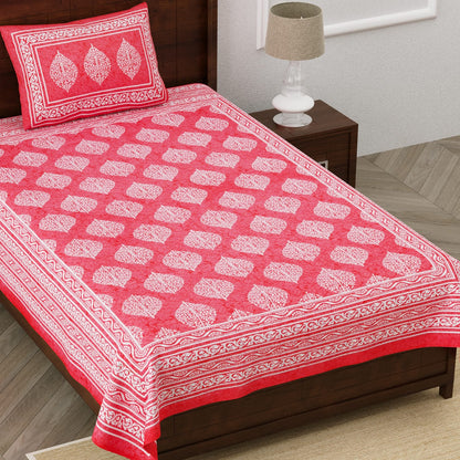 Single Cot Cotton Bedsheet – 150 TC, Traditional Print, Orange with Pillow Cover