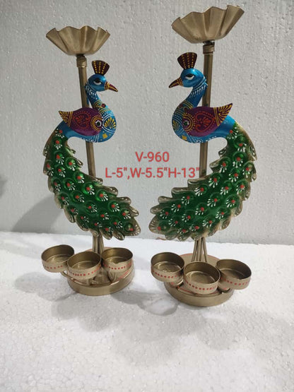 Handcrafted Brass Peacock Diya Stand – Multi-Colored Decorative Oil Lamp Holder