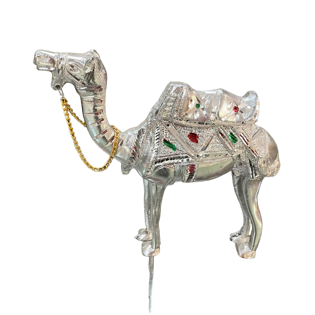 Unbreakable Decorative Camel Showpiece – Silver Finish with Chain & Colorful Detailing