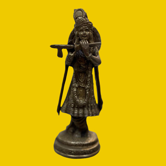 Handcrafted Brass Lord Krishna Idol – Playing Flute | Antique Finish Murti for Home & Decor