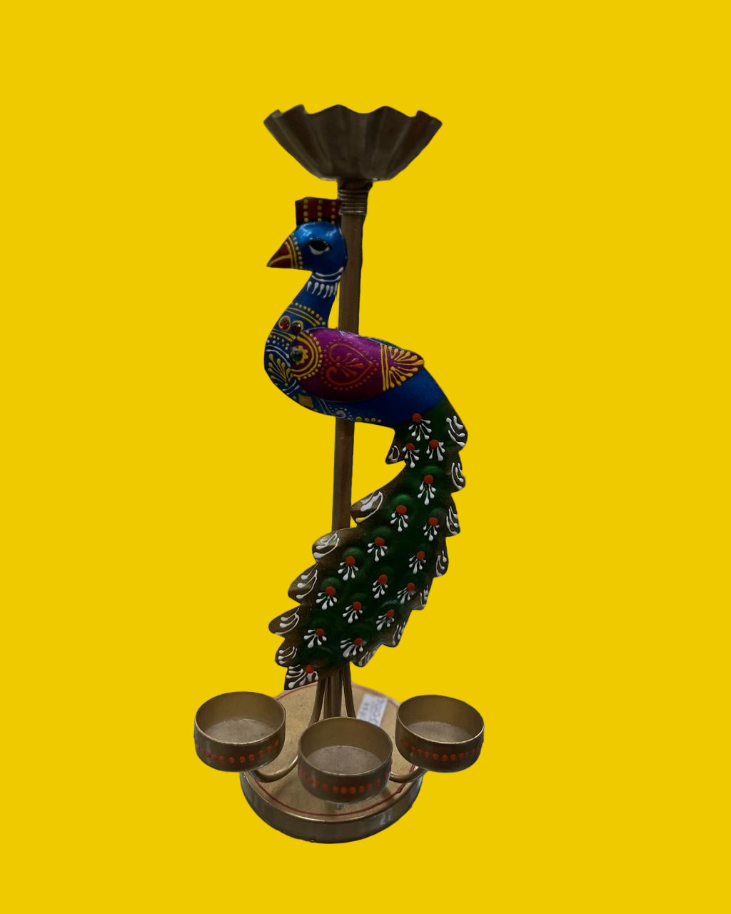 Handcrafted Brass Peacock Diya Stand – Multi-Colored Decorative Oil Lamp Holder