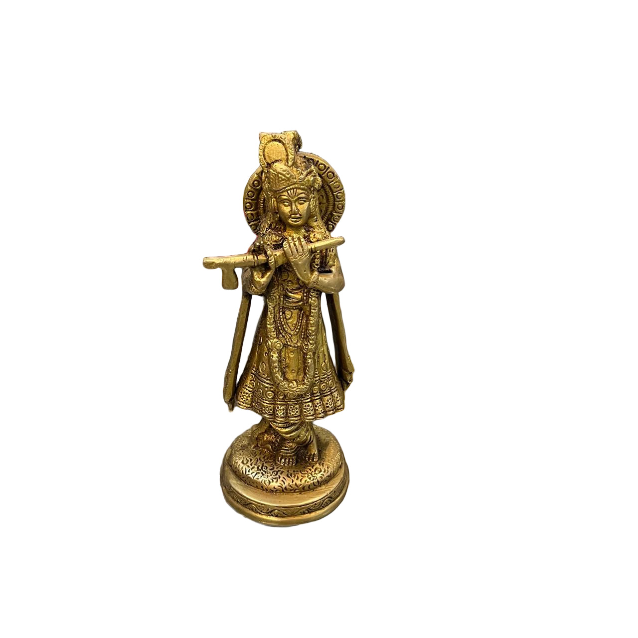 Handcrafted Brass Lord Krishna Idol – Playing Flute | Antique Finish Murti for Home & Decor