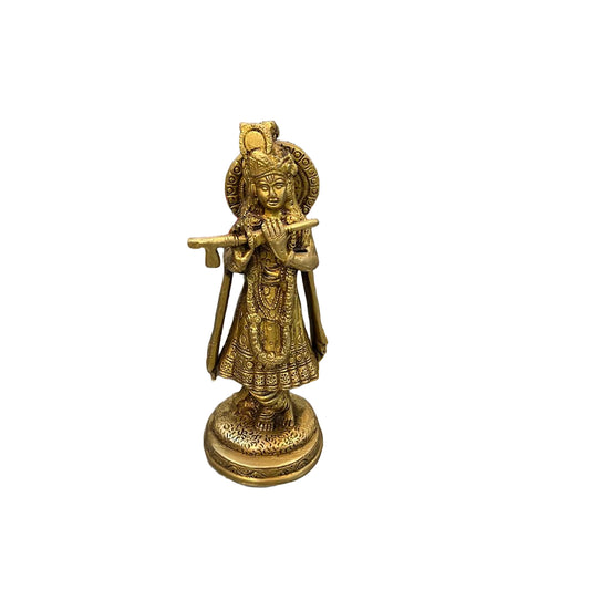 Handcrafted Brass Lord Krishna Idol – Playing Flute | Antique Finish Murti for Home & Decor