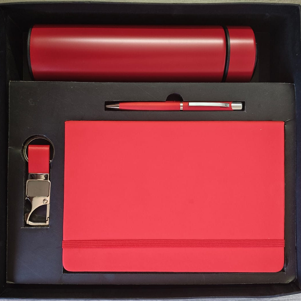 4-in-1 Premium Red Corporate Gift Set – Bottle, Notebook, Pen & Keychain