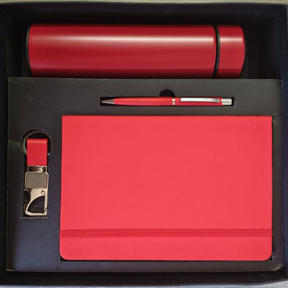 4-in-1 Premium Red Corporate Gift Set – Bottle, Notebook, Pen & Keychain