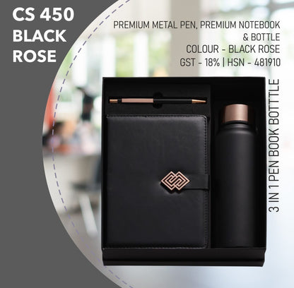 Black Rose Elite Gift Set – Premium Notebook, Metal Pen & Bottle