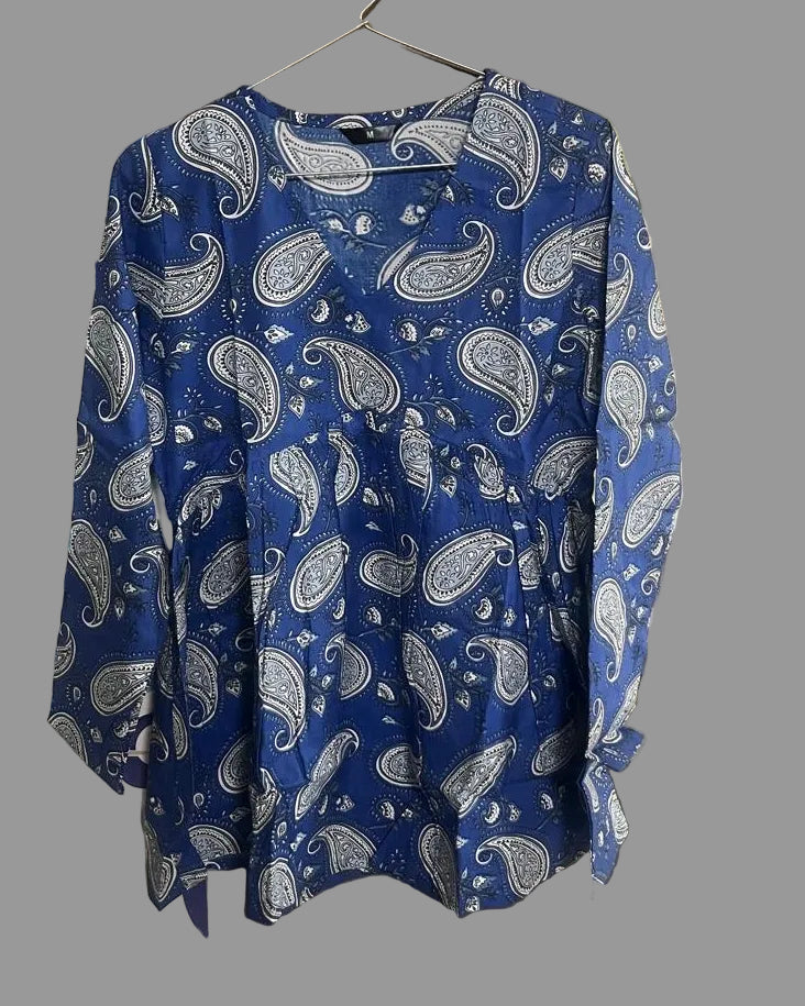 Women’s Blue Paisley Alia Top | Premium Soft Cotton | V-Neck | Full Sleeves