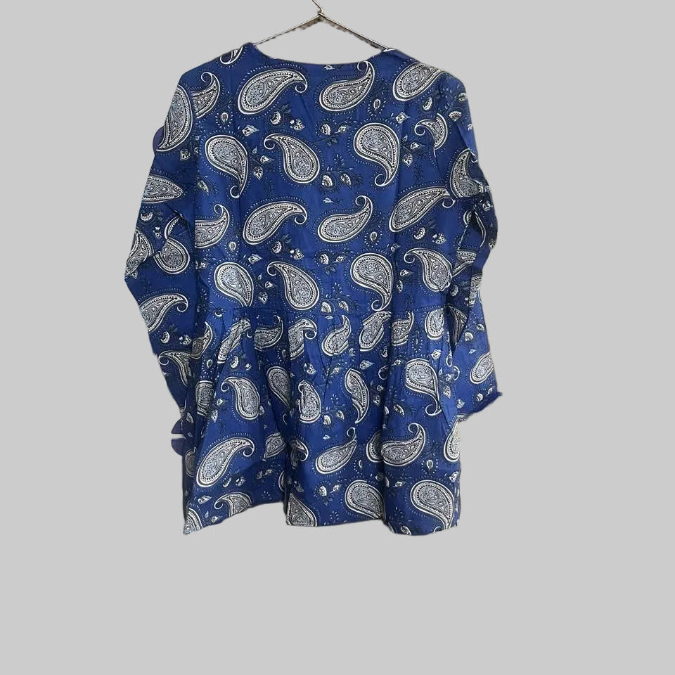 Women’s Blue Paisley Alia Top | Premium Soft Cotton | V-Neck | Full Sleeves