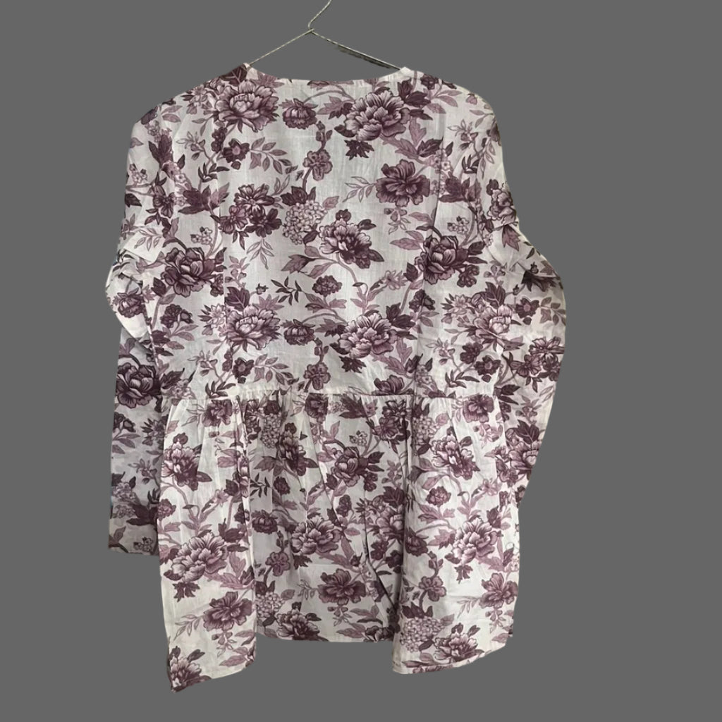 Women’s Mauve Floral Alia Top | Premium Soft Cotton | V-Neck | Full Sleeves