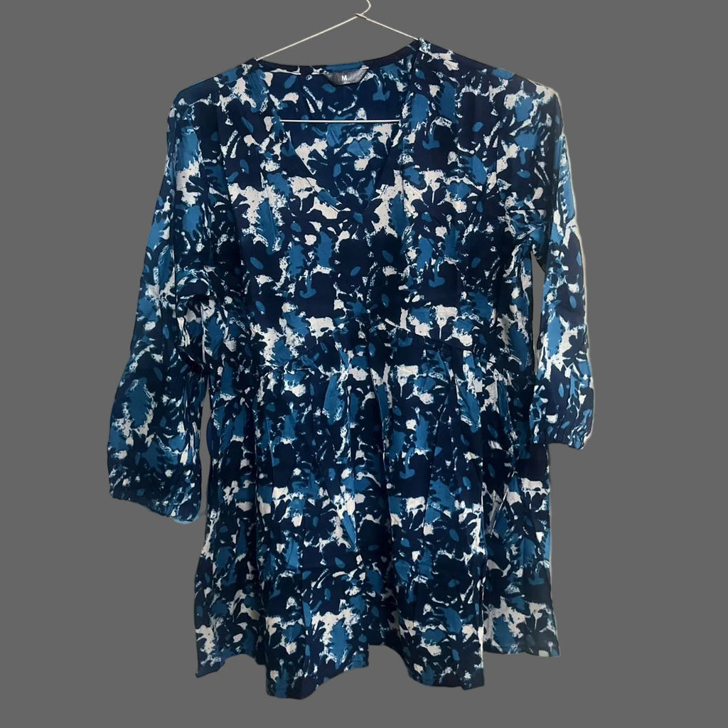 Women’s Blue Floral Alia Top | V-Neck | 3/4 Sleeves | Casual Everyday Wear