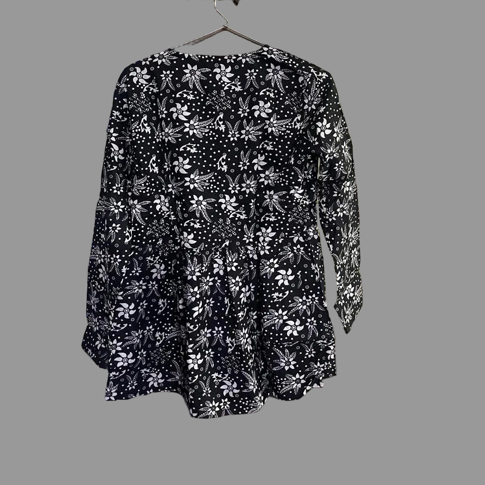 Women’s Black & White Floral Alia Top | Premium Soft Cotton | V-Neck | Full Sleeves